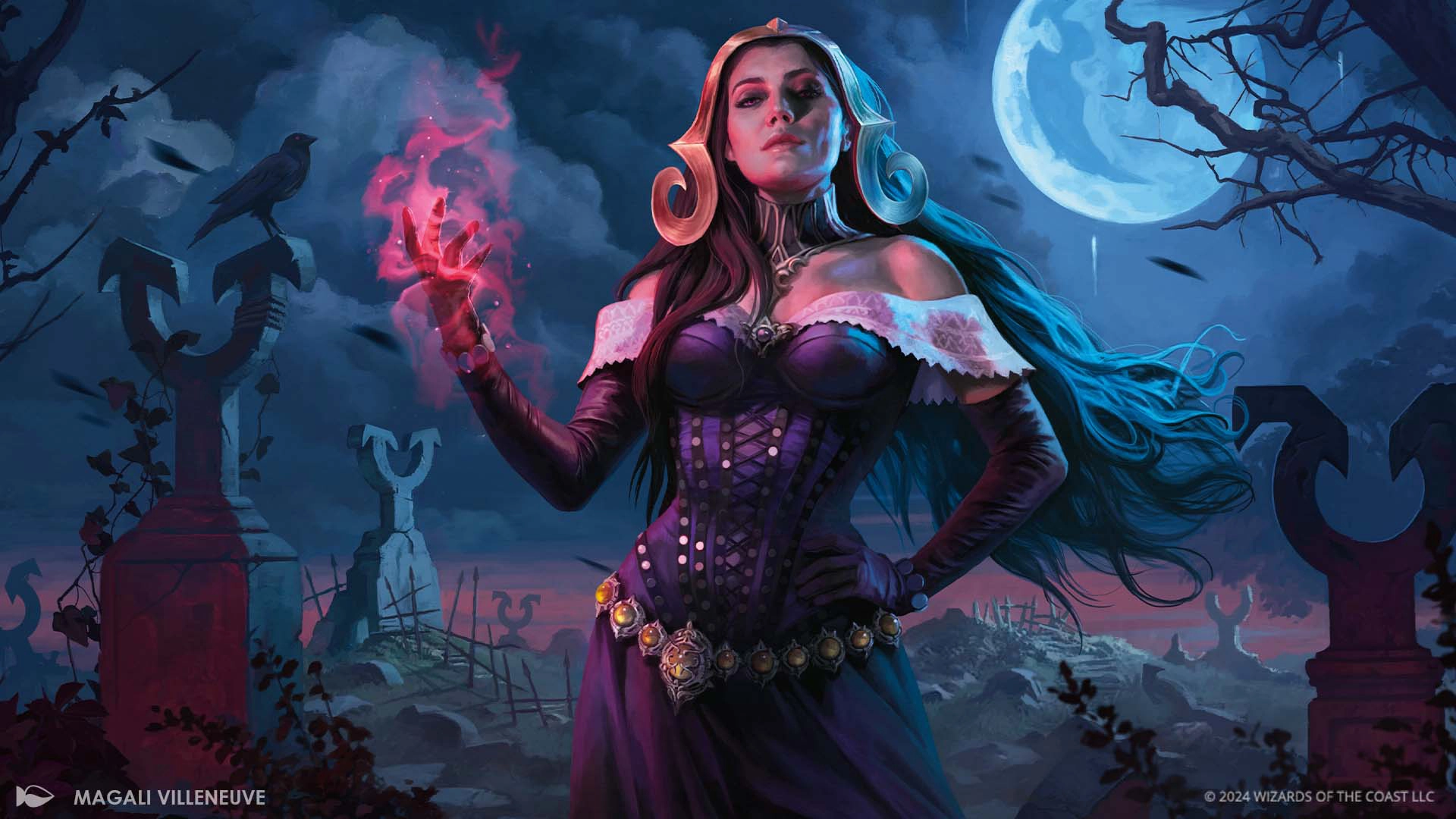 Liliana stands in a graveyard on Innistrad.